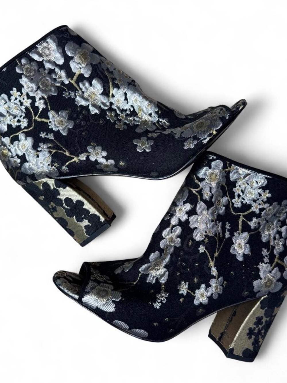 Floral Embroidered Black Peep-Toe Ankle Boots